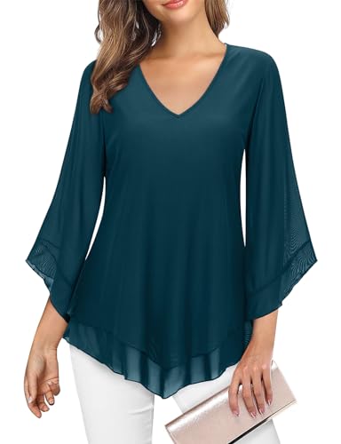 Gemulate Womens Blouses Ruffle 3/4 Sleeve Mesh Ladies Tops Chiffon Double-Layered Tunic Tops Loose Flowy Shirts-Dark Green,2XL