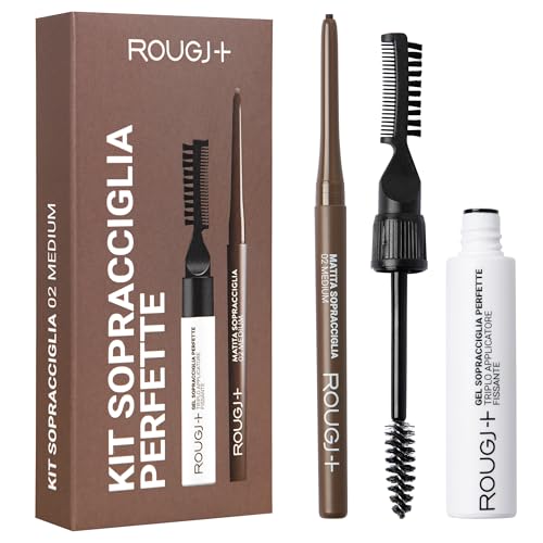 Rougj Kit Sopracciglia Perfette 02 Medio - Matita Sopracciglia Waterproof Ultra Precisa e Gel Sopracciglia Trasparente Fissante con Acido Ialuronico, Estratto di Alghe e Vitamina E – Made in Italy