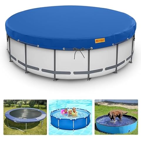 HIGHTQURO 6ft Round Pool Covers, 600D Above Ground Pool Cover for Metal Frame Pools, Swimming Pool Cover Protector with Tie-Down Ropes and 4 Sandbags Increase Stability, UV-Resistant & Tear-Resistant Cover