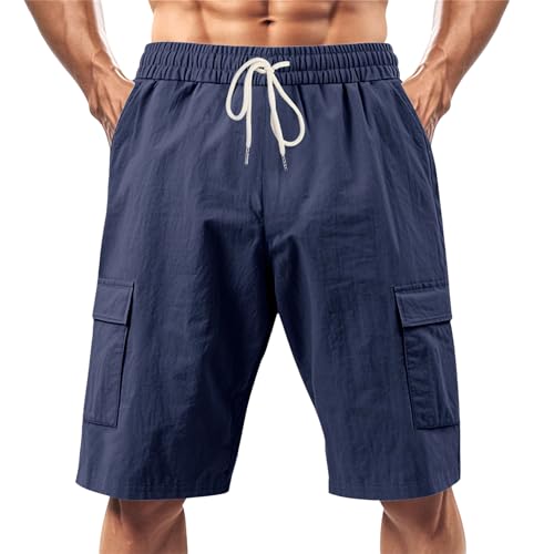 Image of Mens Linen Shorts Casual Drawstring Elastic Waist Cargo Vacation Lightweight Breathable Summer Beach Shorts for Men