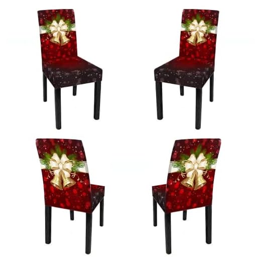 WAJIWA Set of 4 Christmas Chair Covers for Dining Room Xmas Chair Slipovers Christmas Decorations Chair Slipcovers for Indoor Home Decor Kitchen Party Seat Cover (Red-Christmas Bell)