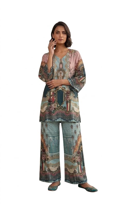 OOJAL Printed Co-ord Set Designer Kurti Set for Women – Ethnic Fusion Wear with Geometric Pattern-image-49