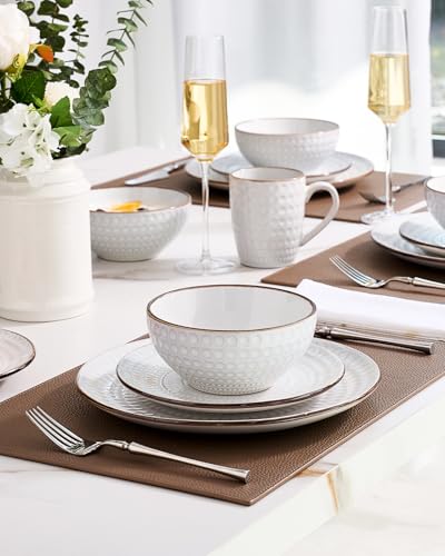 Image of Famiware Eden Embossed Plates and Bowls Sets, Stoneware Dinnerware with Gold Trim, 12-Piece Luxury Dishes for 4, Everyday & Formal Use, Chip /Scratch Resistant, Microwave /Dishwasher Safe, White Circle