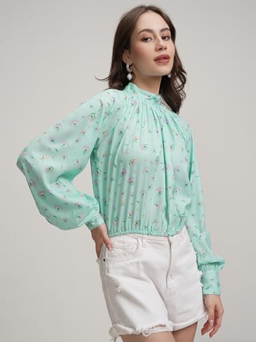 Image of Tokyo Talkies Women's Floral Print Blouson Top | High Neck | Cuffed Sleeves | Feminine & Elegant | Perfect for Work, Brunch & Casual Chic | Tops for Woman | Women Tops | Stylish Top