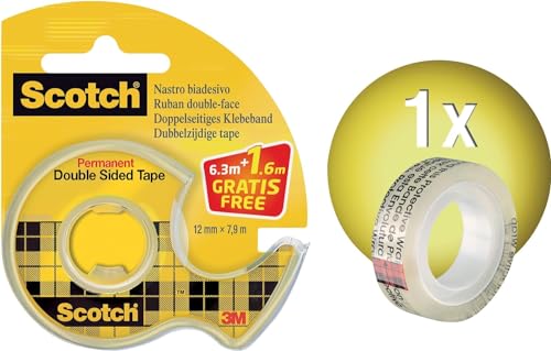 Scotch Cinta Adhesiva de Doble Cara - 2 Rollos de 12 mm נ6,3 m, Transparente - Adhesivo Permanente por Ambas Caras - Fuerte, Duradera y Segura para Fotos