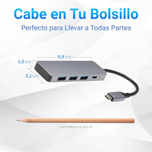 Comparación del tamaño del Hub USB-C con un lápiz y especificaciones de dimensiones