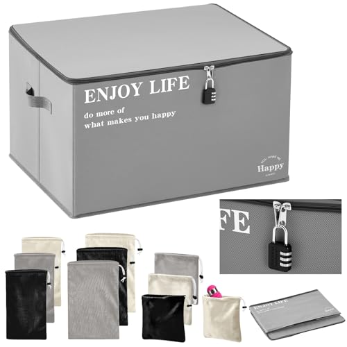 Cinnvoice Toy Storage Bag Organizer Case and 9 Pcs Drawstring Bags with Metal Combination Lock for Adult Toy, Game, Travel Gear Organization