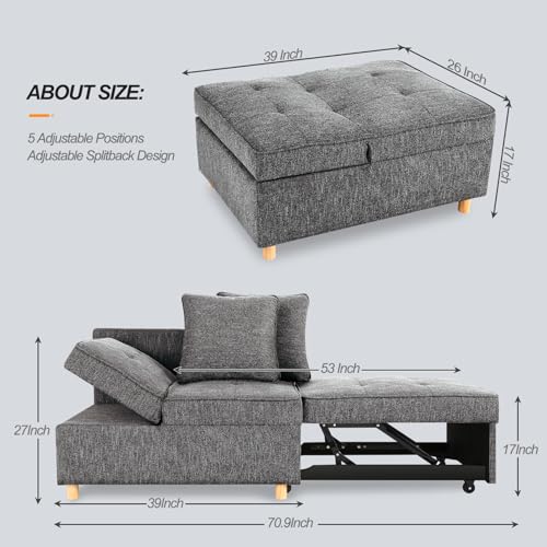 SEJOV Sofa Bed 4-in-1 Convertible Sofas & Couches, 3-Seat Linen Fabric loveseat Sofa with 2 Throw Pillow, Single Recliner for Small Space with 5 Adjustable Backrest, Dark Grey