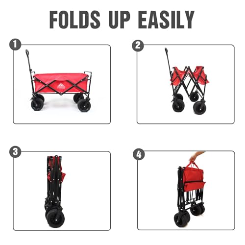 Small Folding Wagon Cart with Wheels up to 180lbs, Collapsible Portable Beach Garden Wagon for Grocery Shopping Camping, All-Terrain Silent Universal Wheels, Two Cup Holders, Large Capacity
