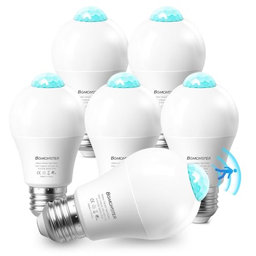 Bgmonster 6 Pack Motion Sensor Light Bulbs 12W(100W Equivalent) Motion Detector Light Bulb Dusk to Dawn E26 Led Emergency Lightbulbs Indoor Outdoor for Hallway Porch Garage