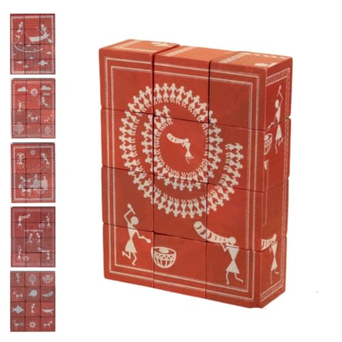 Image of 3D Wooden Toys for Kids 3-8 Yrs | 6 Puzzles in 1 Toy + 30 Activities | 12 Natual Wooden Puzzles for Kids with Activity Book | Indian Folk Art Wooden Blocks | Warli Theme