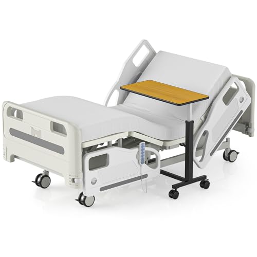 VEICAR Premium Hospital Bed - 5 Function Full Electric Medical Beds, 4.7' Foam Mattress, JIECANG Motors, Individual Locking, 5' Casters, IV Pole, Includes (2X) Bed Sheet & Bedside Table