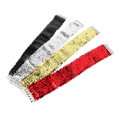 CLISPEED 4Pcs Glitter Sequin Waist Belt Elastic Stretch Decorative Belts with Metal Buckle for Party Dresses Faderesistant Comfortable Fit Black Gold Silver Red