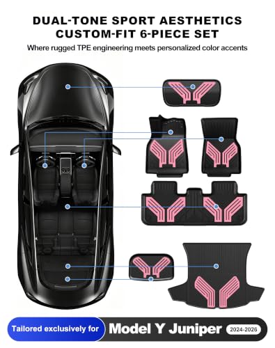 Image of Premium Color TPE Floor Mats 6-PCS for Tesla Model Y Juniper 2025 2026 |Pearl Pink Wing Design | Car Mat Full Set Front & Rear | All-Weather Protection, Pet & Child-Friendly Accessories