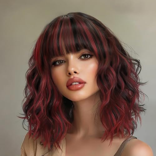 Image of AISI HAIR Synthetic Wavy Curly Bob Wig with Bangs Brown Mix Wine Red Short Hair for Women Synthetic Heat Resistant Bob Wigs