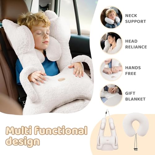 Image of FLORICH Kids Travel Pillow, Car Sleeping Travel Pillow for Kids, Removable H-Shaped Pillow for Adults and Children to Support Head and Body Road Trips with Neck Pillow and Blanket (Beige White)