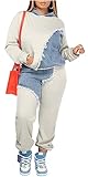 ENOPINK Womens 2 Piece Sweatsuits Denim Pactchwork Long Sleeve Hoodie Pants Set With Pockets Tracksuits Casual Grey L