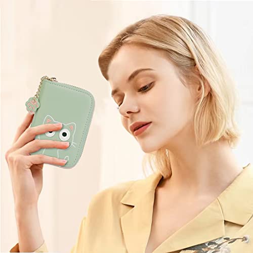 Sunwel Fashion Cute Little Cat Pattern Card Holder- Accordian Zipper Card Case Cash Pockets Coin Purse Zip Around Wallet With Paw Pendant (Green, Accordian) #TOP6