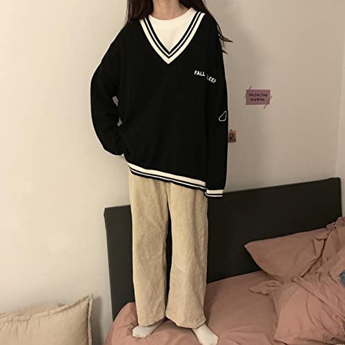 Image of Korean Women's Sweater Academy Style V-Neck Letter Pullover Women's Casual Loose Sweater
