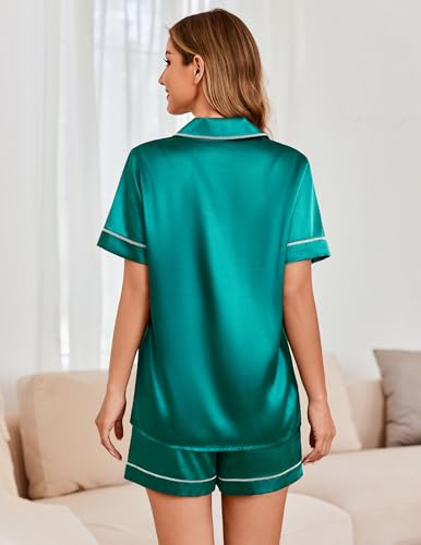 Image of Ekouaer Womens Satin Silk Pajamas Set Short Sleeve Sleepwear Button Down Top and Shorts Loungewear 2 Piece Pjs Set Blue Green X-Large