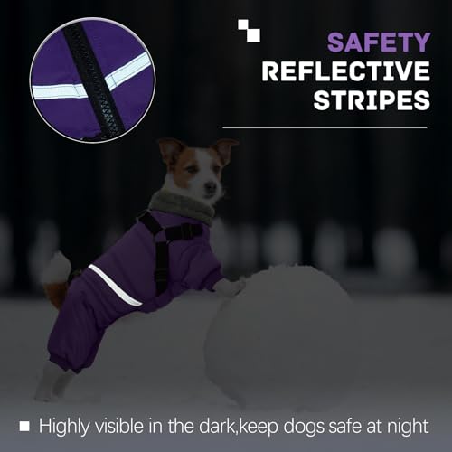 Image of BRKURLEG Purple Dog Coat with Harness, Dog Winter Jacket, Dogs Onesie Body Warm Jackets, Small Medium Dogs Winter Coats Reflective Windproof Warm Cold Weather Coats, Pet Waterproof Jacket, XXL