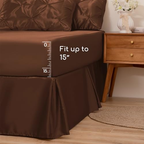 MR&HM Satin Comforter Twin 5 Pieces - Luxurious Pinch Pleat Bedding Set with Comforter, Flat Sheet, Fitted Sheet, Pillowcase & Sham, Super Silky Soft Bed Set for All Season (Twin, Brown)
