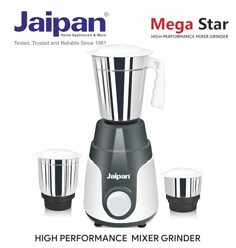 Image of Jaipan Mega Star 550 Watts Mixer Grinder for Kitchen | 3 Stainless Steel Jars for Liquidizing, Wet Grinding & Chutney | 3 Speed with Pulse | Leak-Proof Design | 1 Year Warranty | Blue