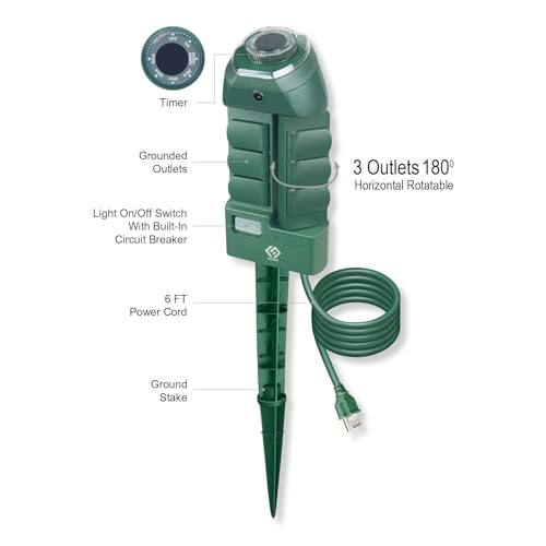 OSKOS Outdoor Power Stake, 6 Grounded Outlets with 180º Rotating Function and Safety Cover, 6FT Cord, UL Listed, Green by OSKOS - Image 2