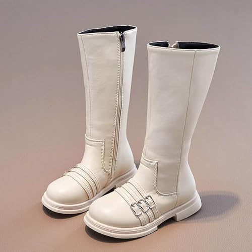 Knee Length Riding Boots for Girls Side Zipper High Tall Combat Boots with Buckles Round Toe Low Heels for Fall Winter2