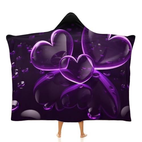 Cape à capuche cœurs violets pour cocooning sur canapé et confort de voyage