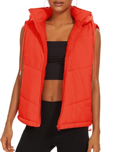 Micoson Puffer Vests for Women Winter Sleeveless Hooded Jacket Quilted Zip Up Stand Collar Gilet with Pocket Loose Fit