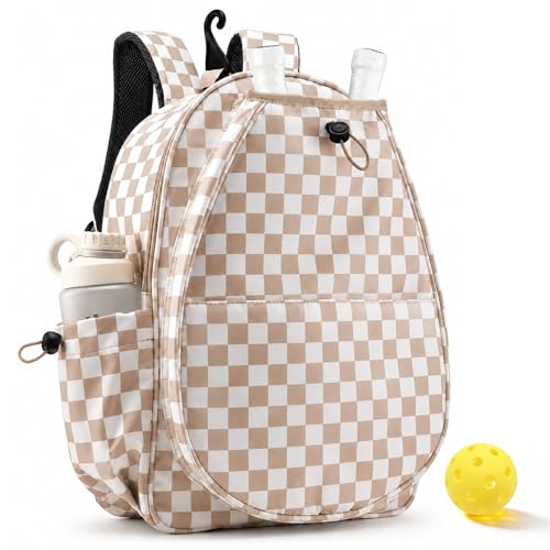 Mosthink Pickleball Racket Backpack Tennis Bag for Women Water-Resistant and Machine Washable Tennis Backpack,Lightweight Sports Bag for Pickleball, Badminton (Plaid Brown)