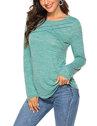 Chunoy Women Casual O Neck Long Sleeve Solid Sweater Pullover Top Green Large