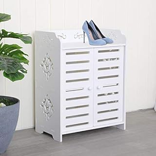 ColdShine 3 Tier Shoe Storage Cabinet Shoe Rack Wood Plastic Board Storage Shelf Fretwork 2 Door Multi-Purpose Cabinet Cupboard Stand Rack Freestanding Shoe Cabinet Storage Rack