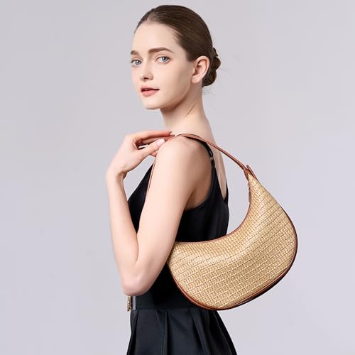 Women's Small Handmade Woven Straw Summer Beach Crescent Hobo Tote Crossbody Bag with Adjustable Strap2