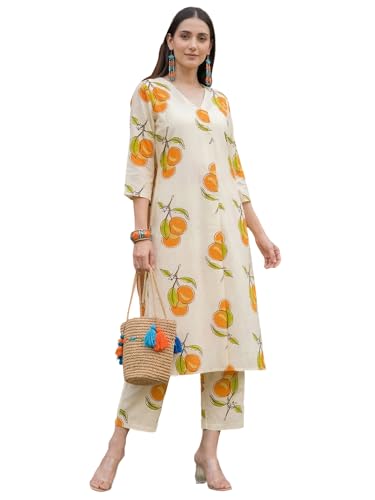 Image of INDO ERA Women Cotton White Printed Straight Kurta Pant Set