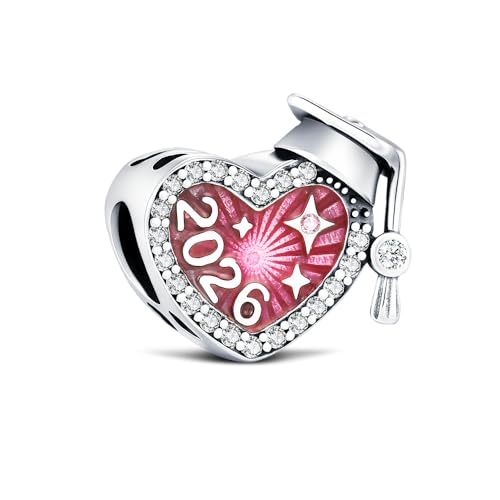 KEQ 2026 Graduation Cap Charms for Pandora Bracelets Necklace 925 Sterling Silver Bead for Daughter Granddaughter Graduation Pendant with 5A Cubic Zirconia (Pink)