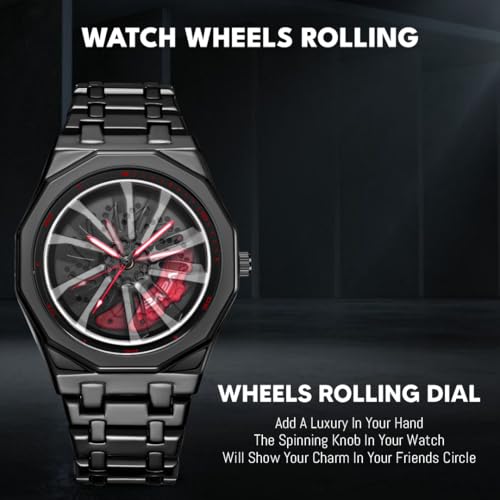 Image of V2A Vortex Men's Spinning Car Wheels Watch for Men- Octagonal Alloy Case with Stainless Steel Band | Analog Timepiece | Bold Sports Watch for Car Enthusiasts