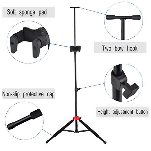 EASTROCK Violin Stand Portable Black Tripod Viola Stand and Height Adjustable with Bows Hook Holder,Automatic Locking Hook & Soft Pad Material(Violin Stand)