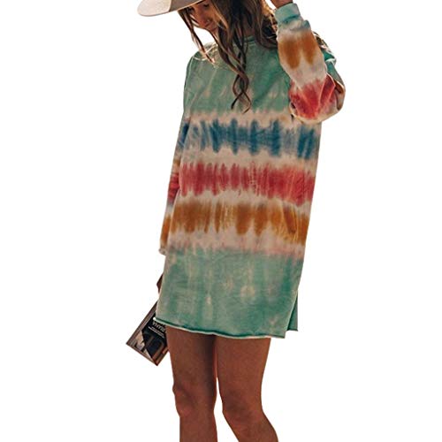 Franterd Women's Tie-Dye Sweatshirts Oversized Long Sleeve Crewneck Loose Casual Mini Dress Mint Green #TOP3