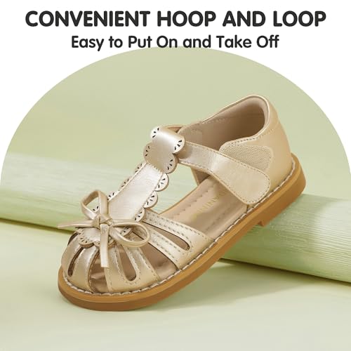 Image of PANDANINJIA Toddler Girls Sandals Closed Toe T-Strap Kids Dress Summer Flats Sandals Cute Bow Flower Girl Shoes