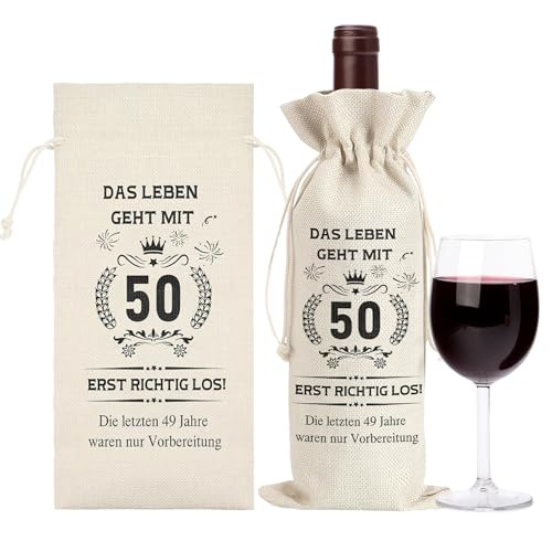 TNSLAND 2 bolsas de regalo con cordón, regalos para 50 cumpleaños mujer 50 cumpleaños hombre, botella de vino bolsa de yute para 50 cumpleaños mujer, regalo para botellas de champán