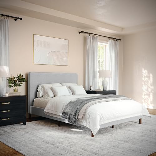 Image of Martha Stewart Britta Platform Bed with Headboard & Footboard, Faux Linen Upholstery with Piping Detail, Rounded Headboard, No Box Spring Needed, Full, Gray