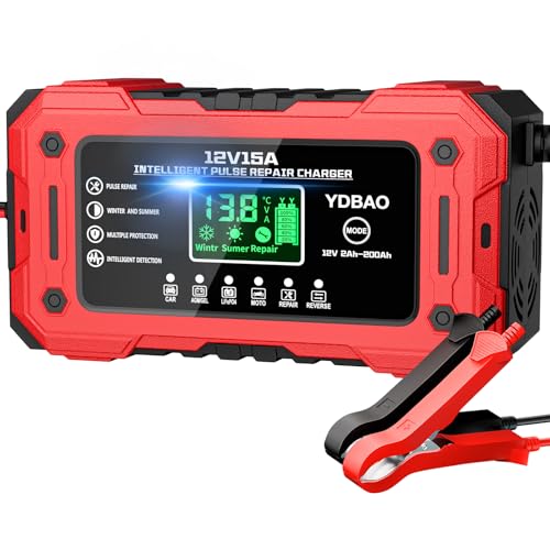 YDBAO 12V 15A Cargador de Batería de Coche Cargador Baterias Coche y Moto Inteligente con Reparación y Pantalla LCD y Múltiples Protecciones Cargador bateria para Coche Moto AGM SLA Gel LiFePO4