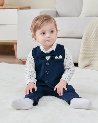 Image of YALLET Baby Boy Clothes Suit 0-24 Months Infant Gentleman Outfits Formal Dress Shirt+Bowtie+Vest+Pants Set Baby Wedding Suits