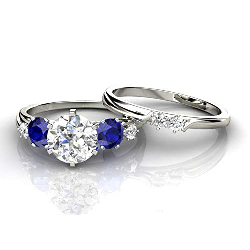 925 Sterling Silver Fashion Natural Sapphire Ring Round Perfect Cut Cubic Zirconia Promise Rings Set Bridal Ring set CZ Cocktail Ring Eternity Engagement Wedding Band Ring Set for Women TZ.63 (9)