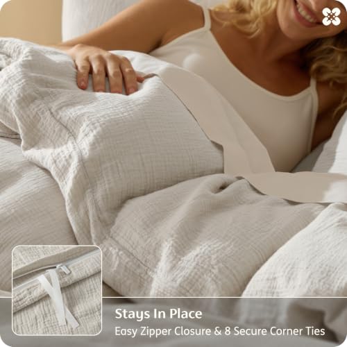 Image of Bedsure 100% Muslin Cotton Duvet Cover Queen Size - Ultra-Soft Gauze Duvet Cover, PureWoven Breathable & Lightweight Bedding Set with Zipper Closure and Corner Ties (Linen, Queen, 90 inchx90 inch)