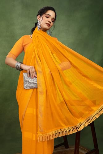 Image of MIRCHI FASHION Saree for Woman Georgette Solid with Satin Stripes | Stone Border Farewell and Ceremonial Sari with Blouse Piece