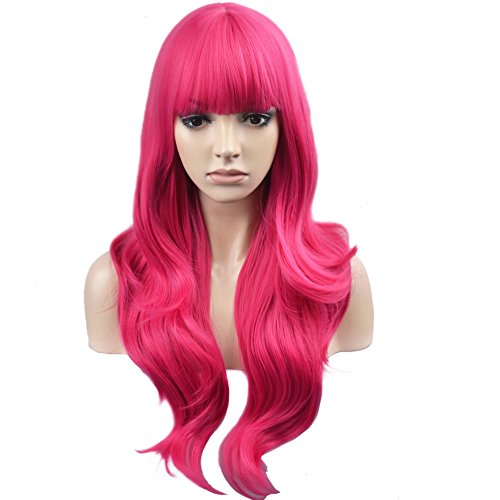 BERON Long Wavy Soft Synthetic Wig with Straight Bangs for Women Girls Wig Cap Included (Hot Pink)