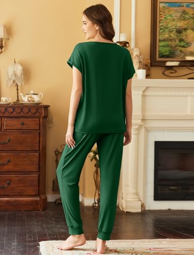 Image of Ekouaer Pajamas for Women Set 2 Piece Pjs Short Sleeve Sleepewar Tops and Jogger Pants Lounge Sets Tracksuit,Dark Green,XXL